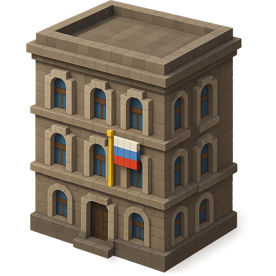 old Saint Petersburg building in voxel style, gray-brown tones, Russian flag hanging vertically in a window, isometric view emoji