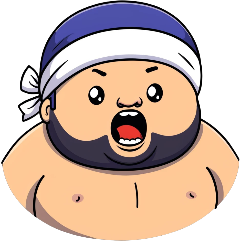Super extreme tight close-up of just the face of morbidly obese white skin guy with young face, prominent BLACK DURAG tied clearly on head, black beard but no mustache, clean shaven upper lip, black eyes, mouth wide open screaming angrily emoji