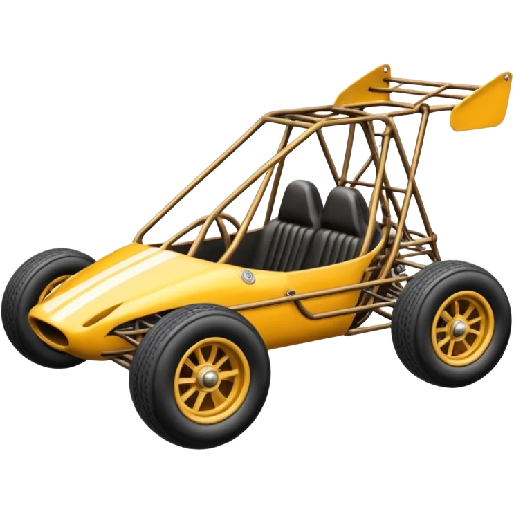 Race car whose frame and detailed suspension is made of shopping cart material with padded roll cage and antique style handmade bodywork  emoji