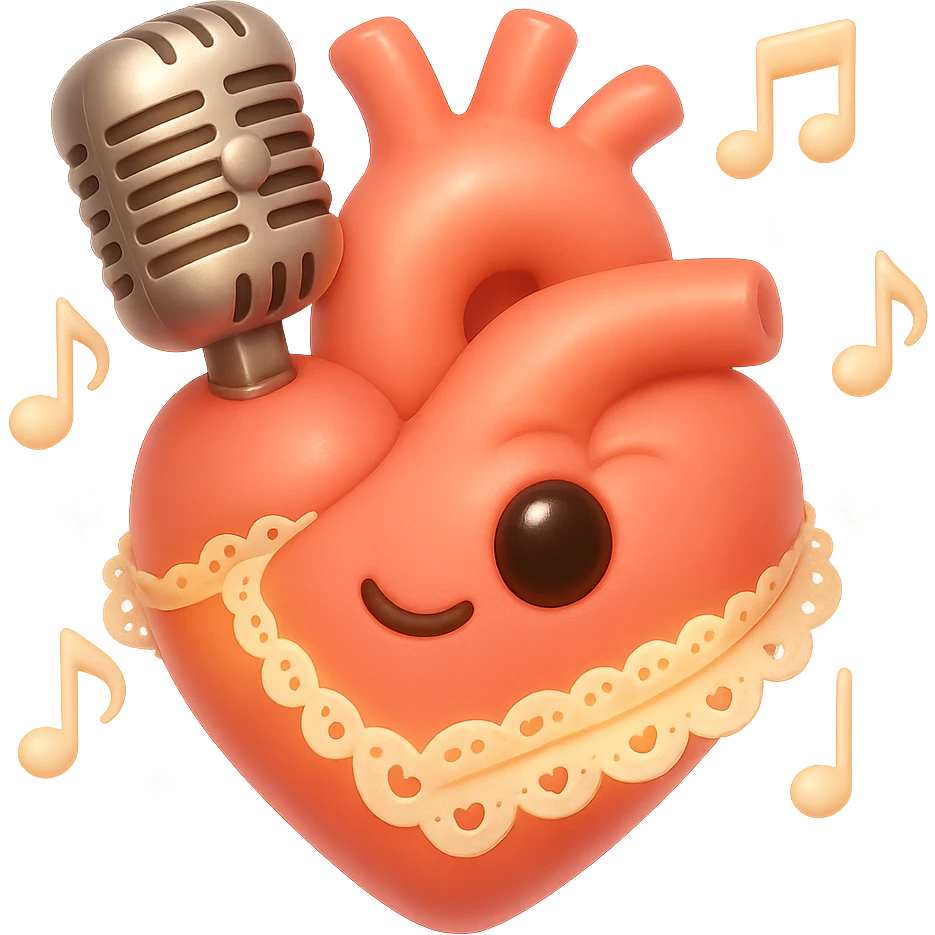 Make the anatomical heart with a classic microphone embedded, music notes floating around, even more romantic in emoji style. Add lace details, soft lighting, and a gentle glow. No background. emoji
