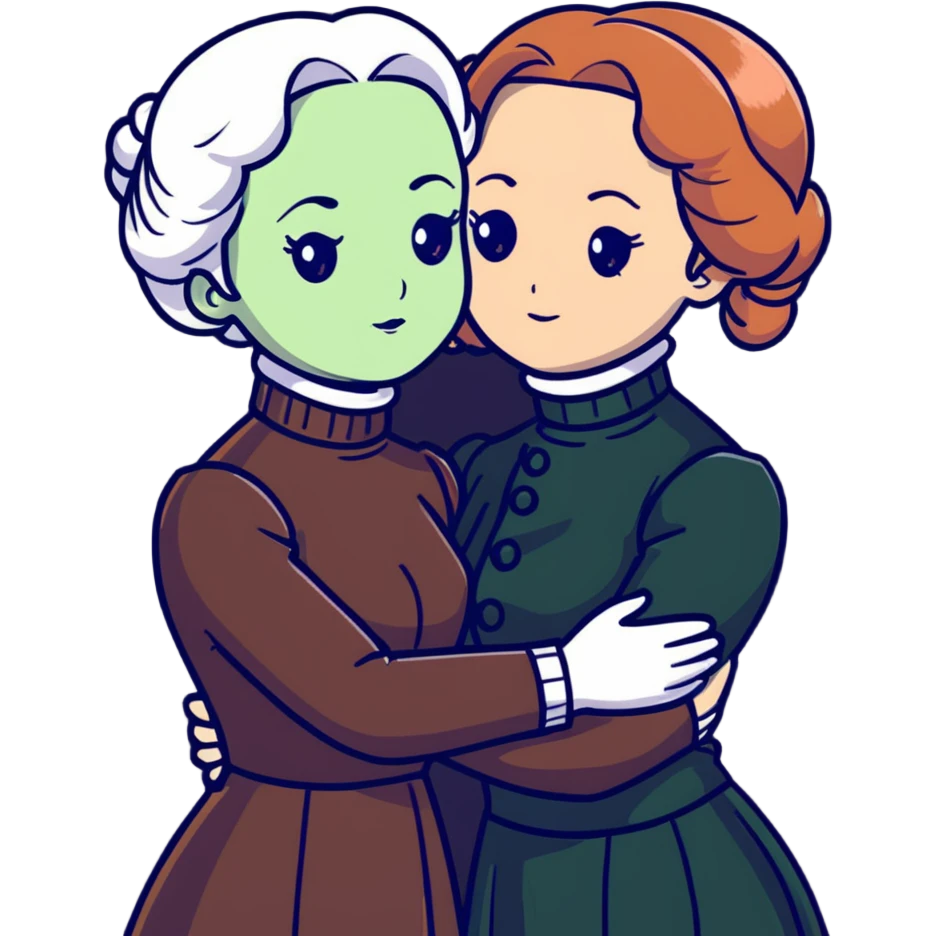 Two Victorian women with light green eyes embracing sadly. One has bright white coiffed hair, the other has dark copper coiffed hair. Both wearing Victorian turtleneck dresses, hugging tightly emoji