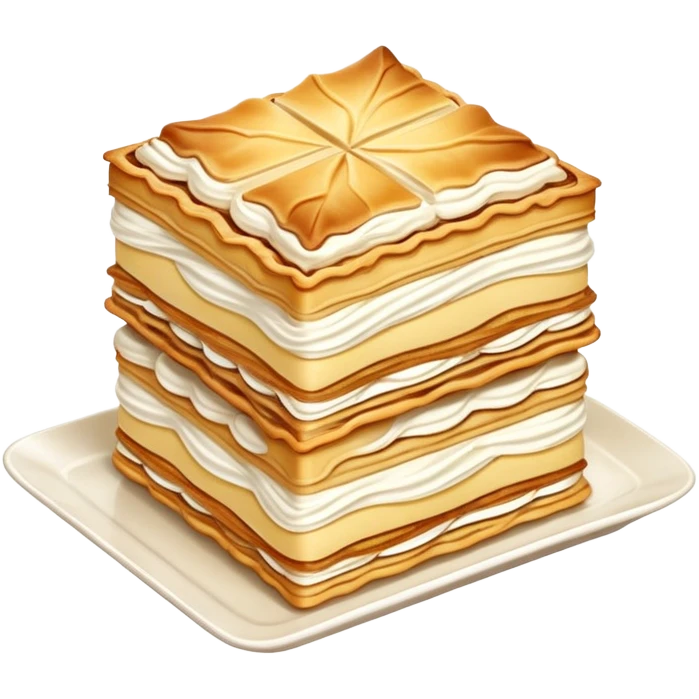 mille-feuille-cinematic-realistic-mille-feuille-dessert-emoji,-depicted-as-a-rectangular delicate-pastry-composed-of-two-crisp-layers-of-puff-pastry-with-a-rich-cream-filling,-rendered-with-intricate-textures-and-elegant,-soft-lighting. Please only show two layers only. emoji