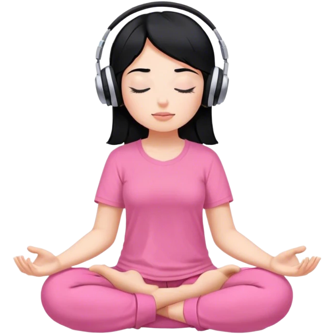 Chica de pelo negro con piel Blanca con los ojos cerrados escuchando musica en audifonos y con camisa rosa mientras medita emoji