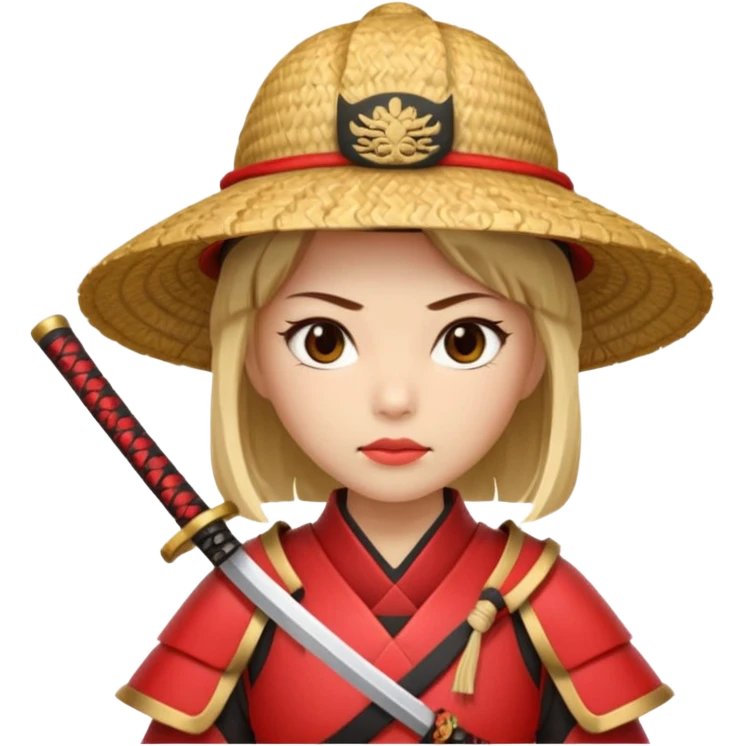 Samurai with straw hat, Warrior in red samurai armor, female, with katana emoji