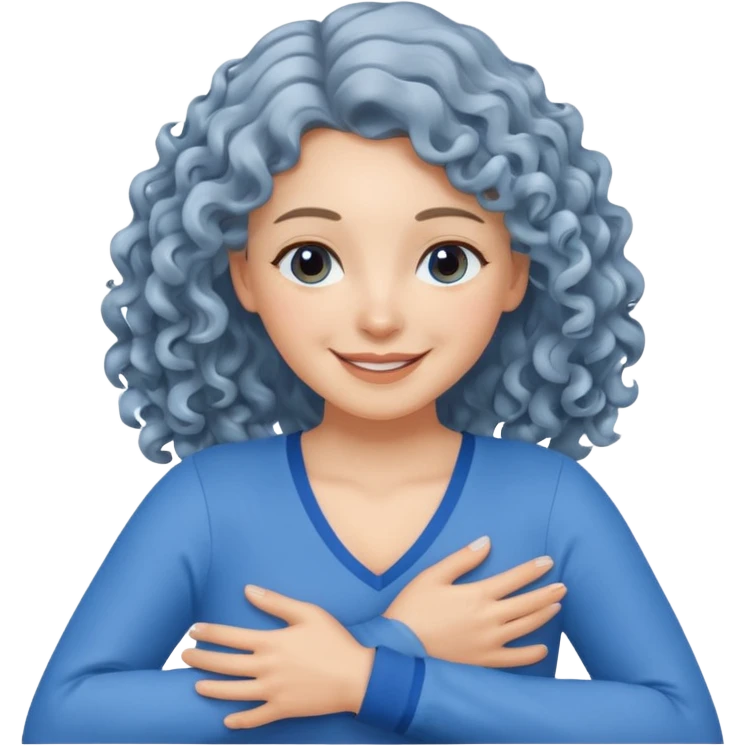 silver, wavy/curly hair chin-length lady giving hug with 2 arms, blue v-neck and smiling emoji