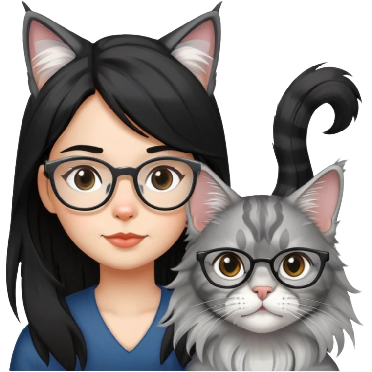 a silver based Maine Coon cat and a black hair glasses girl emoji