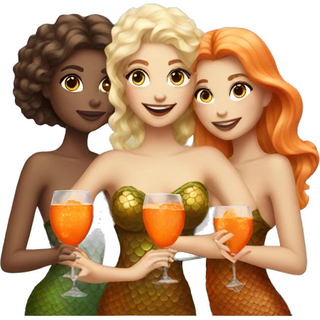 Three beautiful mermaids (light skin) drinking aperol emoji