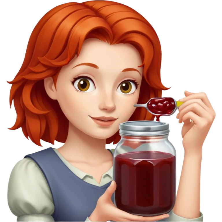 redhead woman showing a glass jar with jam at arms length, closeup emoji
