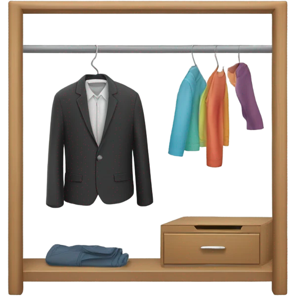 Design an emoji-style icon of an open wardrobe with clothes hanging inside. Include details like a wooden frame, hangers, and only black or white different clothing items such as shirts or any other clothing . Use a clean and minimalistic design. emoji