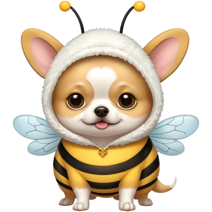 fat chihuahua with short white fur wearing a bee costume emoji