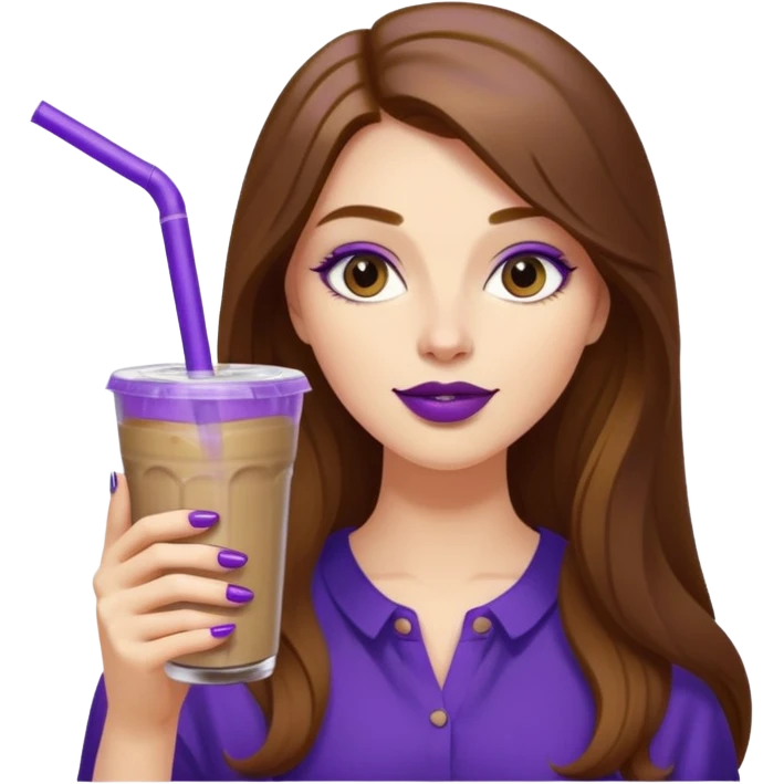 girl with long brown hair, wine lipstick, gold nail polish, drinking a blueberry butter pecan iced coffee with a purple straw  emoji