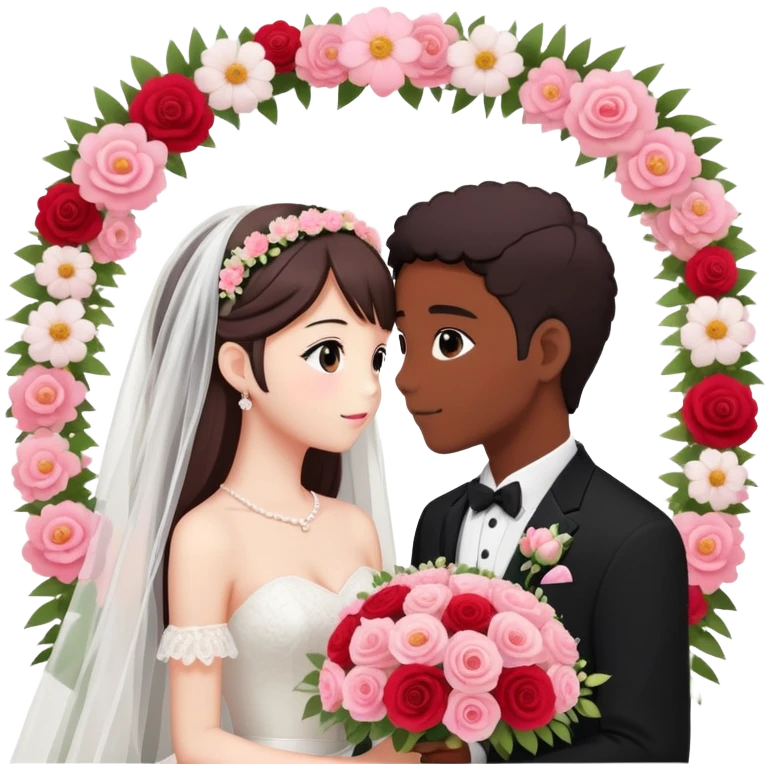 Beautiful romantic pastel lush anime Bride and groom couple getting married looking into each other’s eyes flowers  with warm colors pink, white black and red emoji