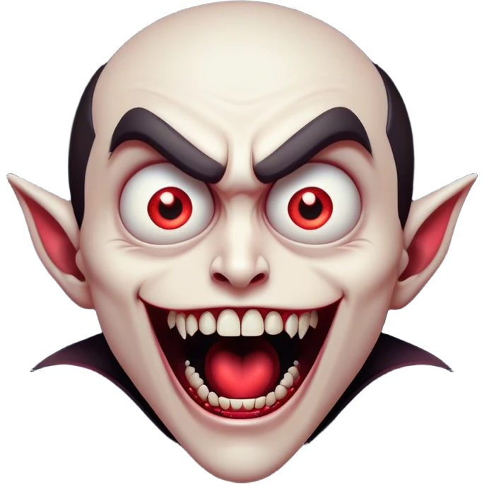 Cinematic Comical Vampire Portrait Emoji, with a sharply stylized, slightly caricatured pale face accented with exaggerated fangs and overly dramatic wide eyes filled with comic shock, head tilted in a hilariously startled pose, simplified yet amusingly detailed, glowing with a soft mysterious glow and a playful outline capturing the quirky humor of a vampire in disbelief! emoji