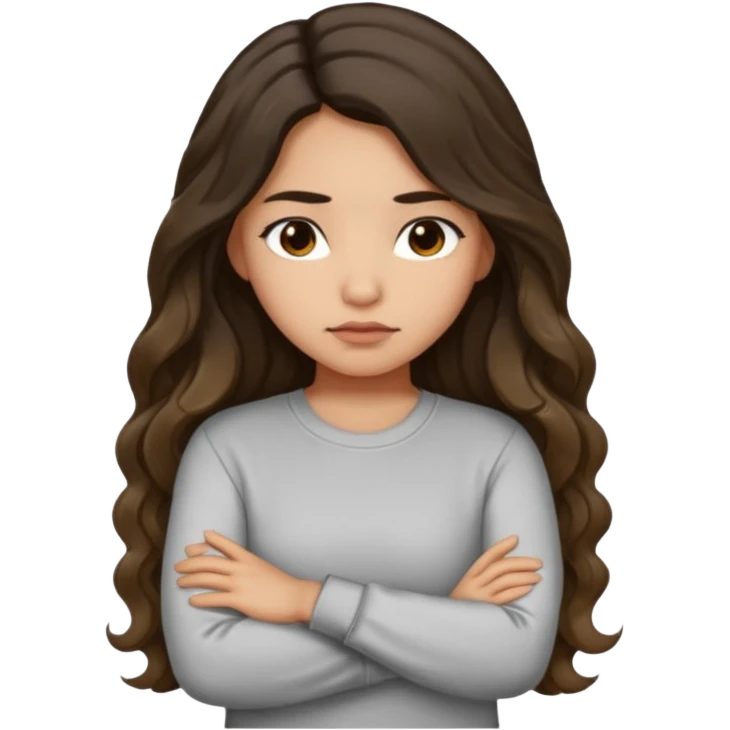 Hispanic light tan girl with long dark wavy hair slightly pouting and arms crossed. Wearing a long sleeve. Hair with middle part. emoji