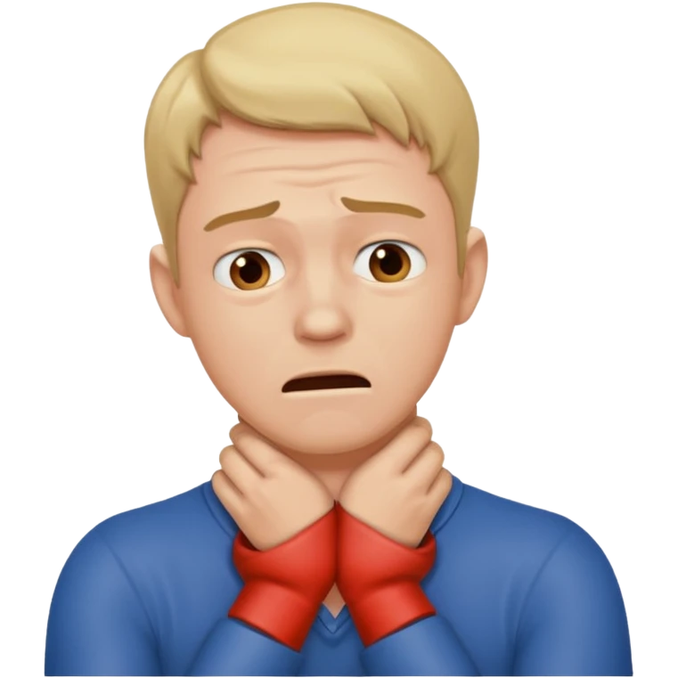 Man choking himself with both hands TIGHTENED around his neck and he has a worried expression emoji