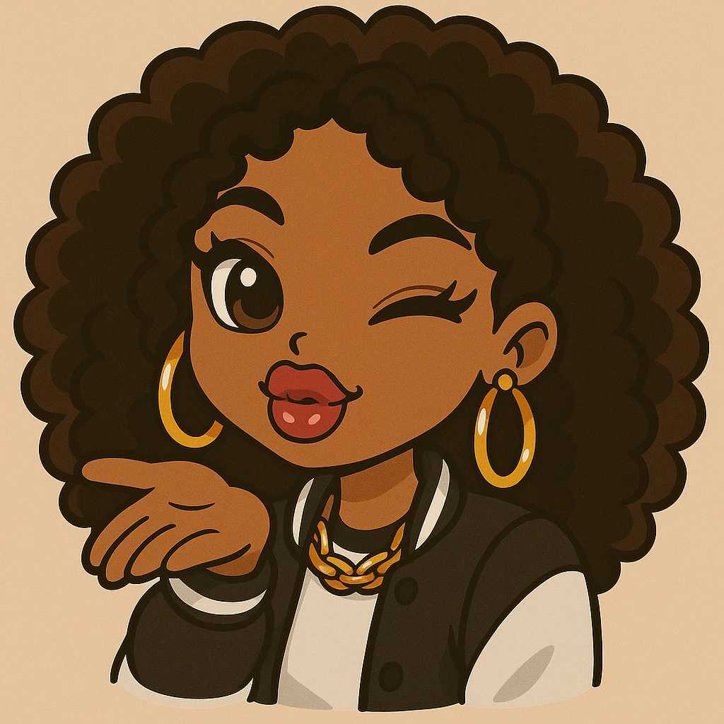 Edit the image to depict a 20-year-old anime Bratz style woman with dark skin, curly hair, big expressive eyes, glossy lips, and a happy expression. She is winking and blowing a kiss. The image should be a headshot only, with trendy streetwear, no hat, and no tears. Maintain the anime Bratz style with vibrant and cute chibi sticker aesthetics. emoji