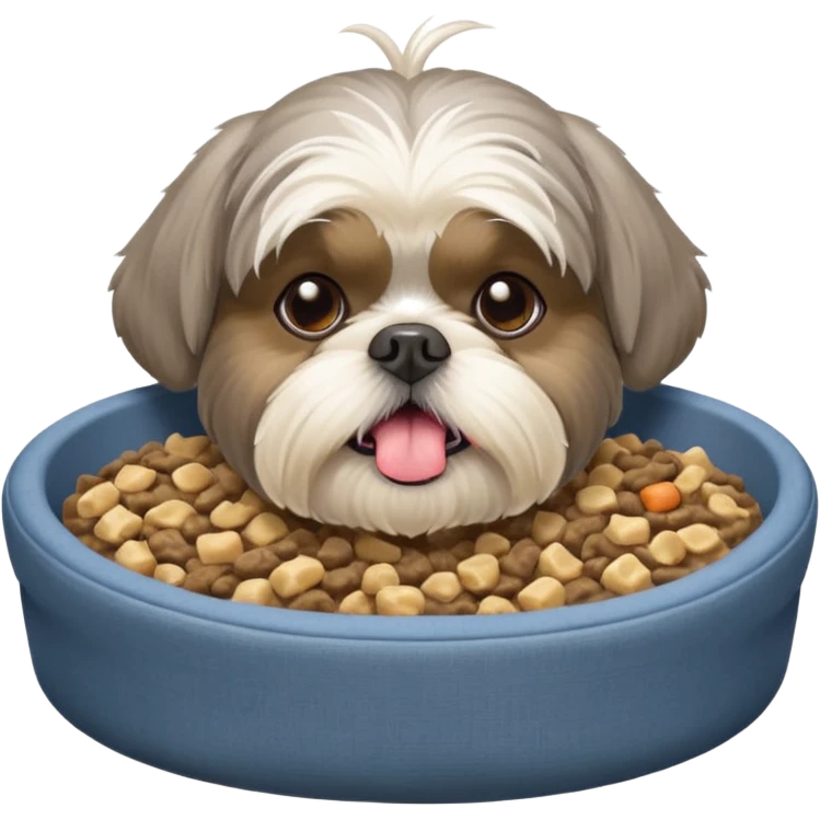old ALL grey shih tzu in dog bed with bowl of food tongue hanging out emoji