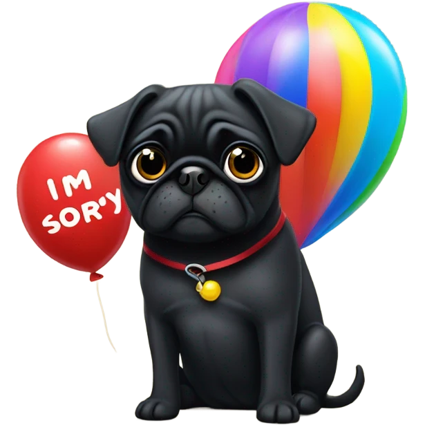 Black pug  and a ballon that says  “I’m sorry” emoji