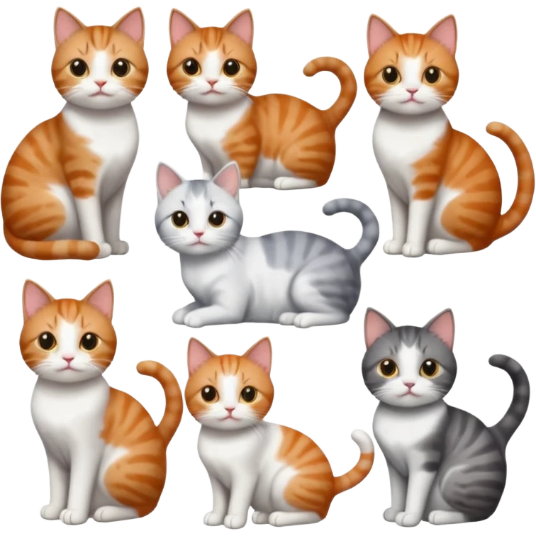 6 cats: 1 small ginger and white, 1 small brown tabby and white, 1 small grey and white, 1 big grey and white, 1 mostly grey with white paws and small white patch on chest and 1 calico emoji