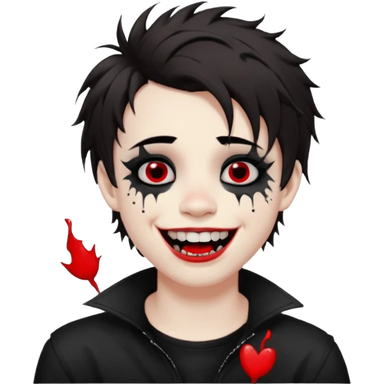 Laughing pale Goth boy with a bunch of face piercings, with shaggy dark brown hair, and messy black eyeliner , smudged, red, lipstick  emoji