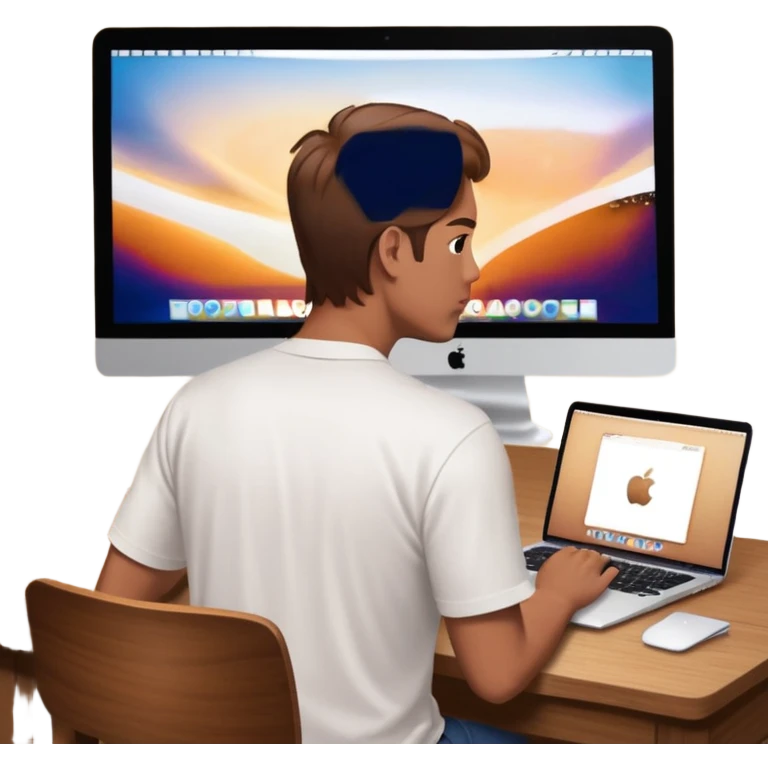 A man seen from behind, with detailed, well-lit hair. He is sitting in front of an open MacBook on a desk. On the MacBook screen, the Instagram logo is clearly visible and glowing.  emoji