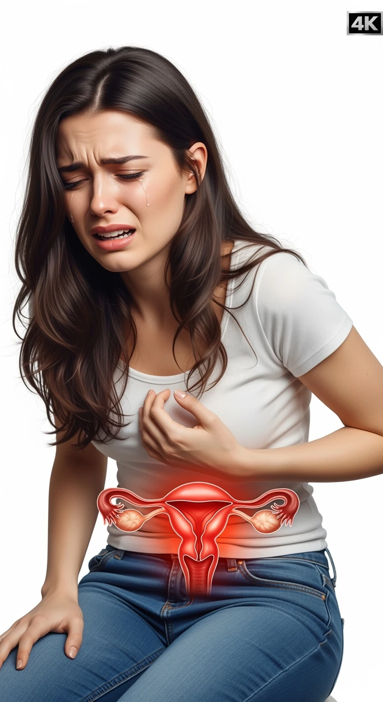 donna con utero umano realistico in evidenza dolorante, espressione di dolore in volto, sfondo bianco, non farla computerizzata, ma iperrealistica 4k emoji