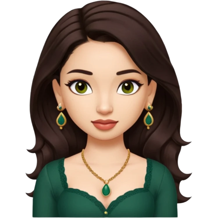 pretty bratz genmoji that looks like tamannah bhatia (bollywood actress), wearing a dark green sweetheart neckline top, dark brown hair, light makeup, no necklace, dangly earrings, side hair part, dark brown eyes, with tattoos emoji