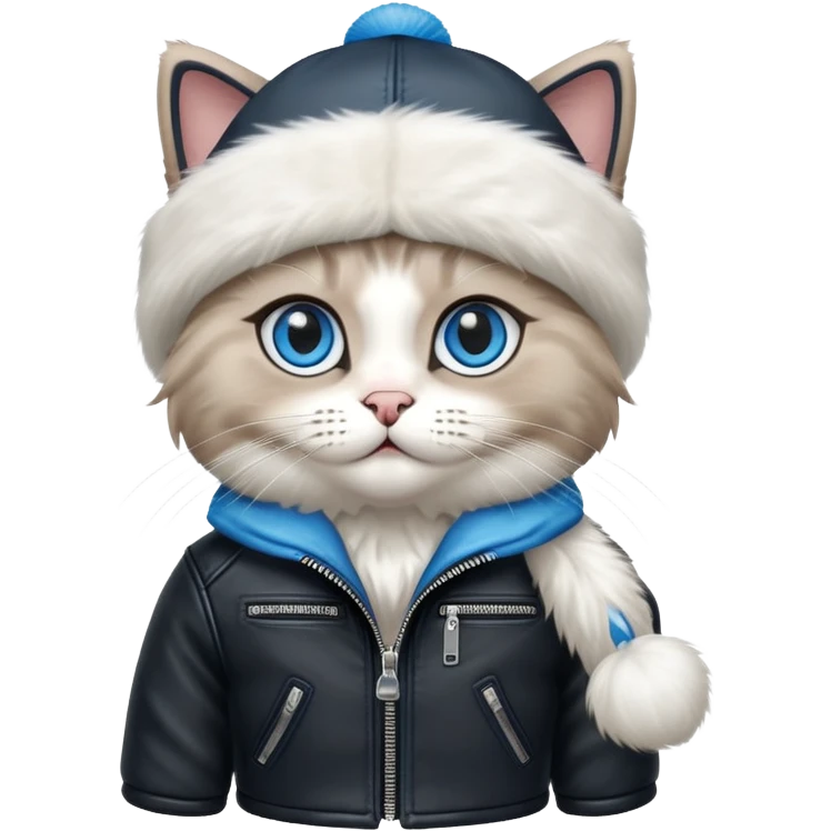 Ragdoll cat wearing a leather jacket and a beanie emoji