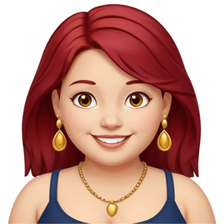 Chubby girl, shoulder length dark red hair, brown eyes, dimples, gold earrings, and necklaces emoji