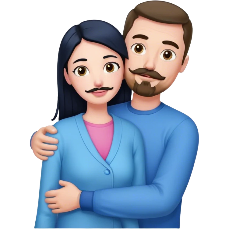 Tall white man with brown mustache goatee wearing blue hugging a short pale woman with long black hair wearing pink emoji
