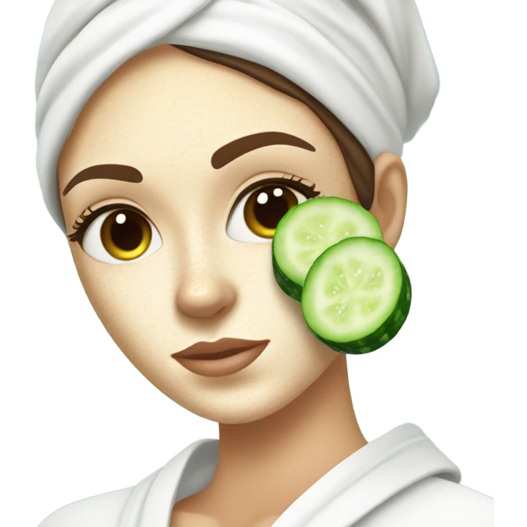 Girl with freackles Brown hair white skin and blue eyes wears Green colored texture skin care mask while She relaxes and puts two round piece of cucumber on her closed eyes In a white Robe emoji