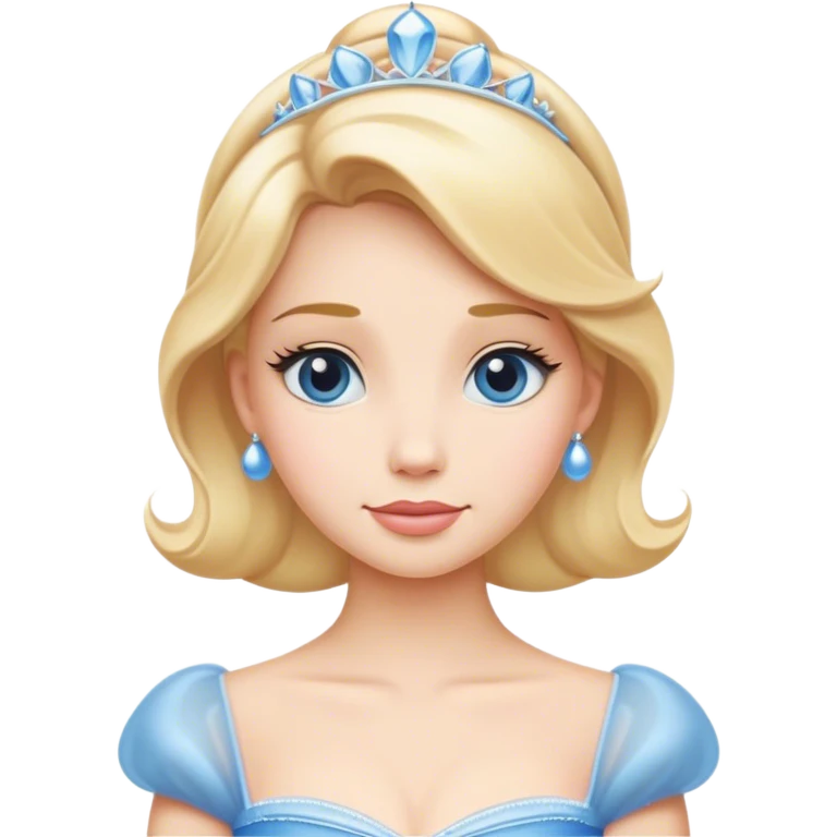 Cinematic Elegant Cinderella Portrait Emoji, rendered in a flat, vector-style with minimal shading and bold, simplified shapes. Depict Cinderella in her classic ball gown (chest and above) with fair, porcelain skin and elegantly styled blonde hair, her eyes soft and kind, and her expression serene and graceful. The design glows with a gentle, enchanting radiance and high shine, capturing the timeless beauty of a fairy tale princess. emoji