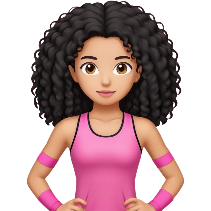 Girl with black frizzy long hair, in pink gym out fit, with tan light skin emoji