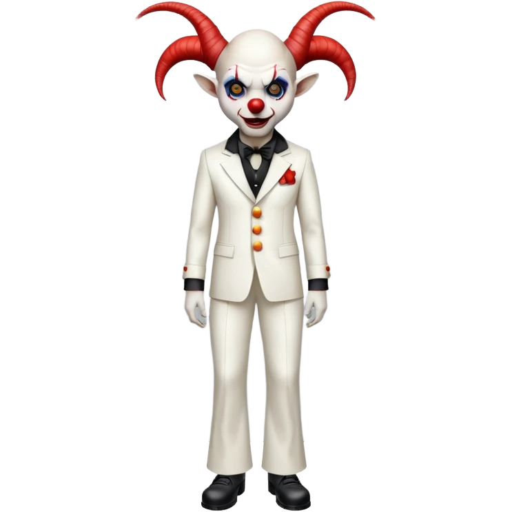 full-body demonic clown in a white leisure suit with bellbottom pants, bald, with black ram horns, wearing elevator shoes emoji