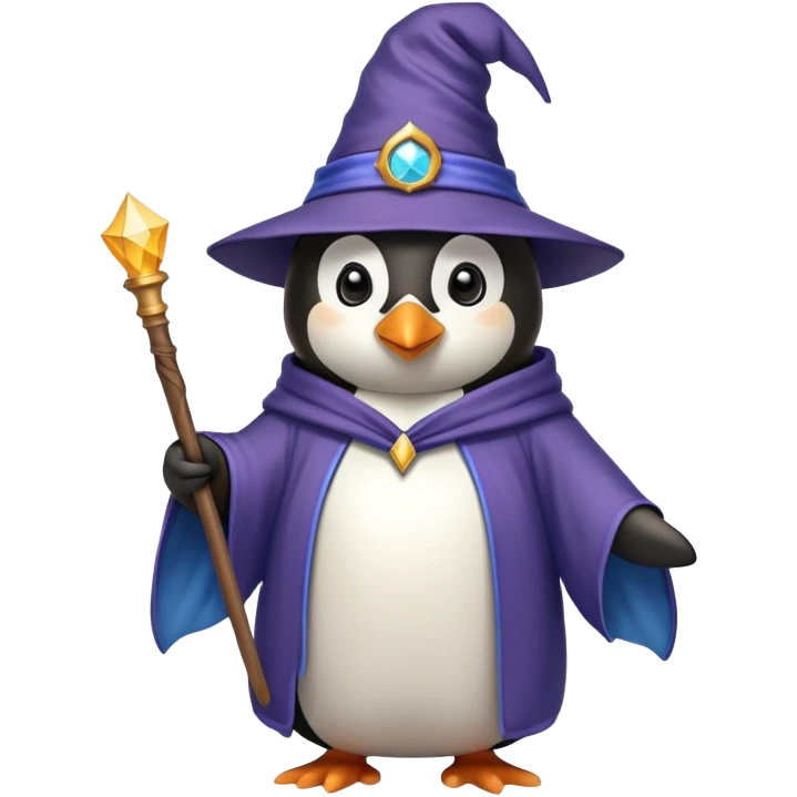 Penguin wearing wizard hat and robe holding a magic wand emoji