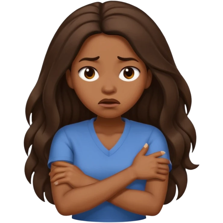 black woman with long hair looking upset, arms crossed, moth is frowning, rolling eyes emoji