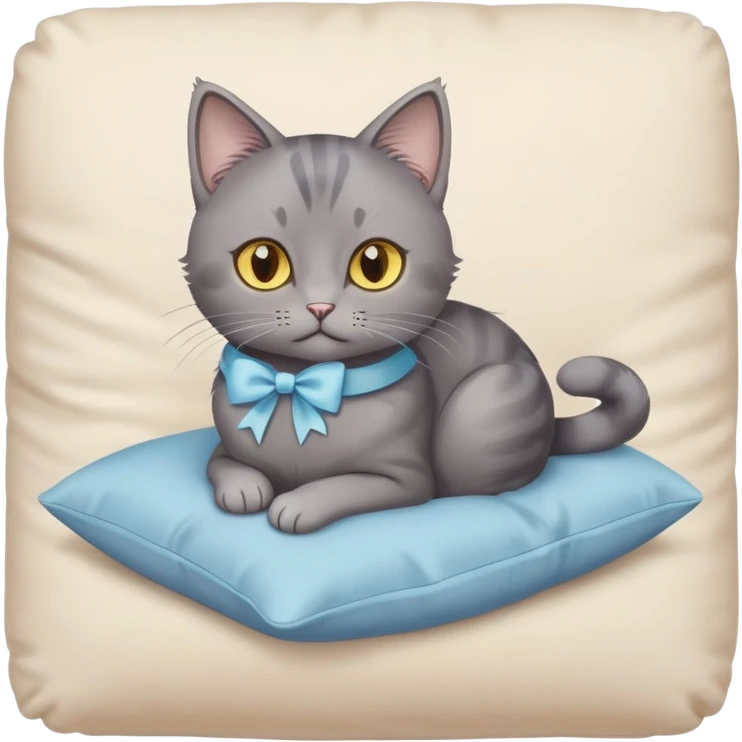 A grey cat with yellow eyes and a light blue bow sits on a beige pillow



 emoji