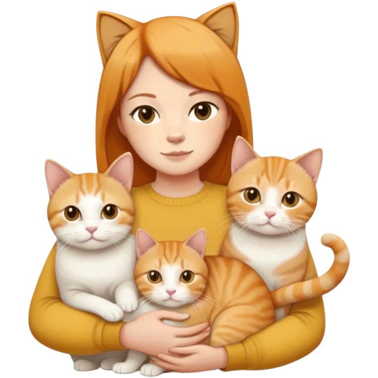 Straight short hair ear length in dark brown , skin tone honey . holding 3 cats - 1 ginger cat , 1yellow white cat , 1 British short hair in cream color cat which are all  same size  emoji