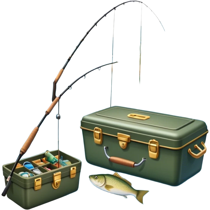 Icon for Fishing: a boat on the shore of a peaceful water body with a beautiful natural landscape, a fishing tackle box, a spinning rod. The icon should capture the tranquility and gear of a fishing adventure. Without frame. Transparent background. emoji