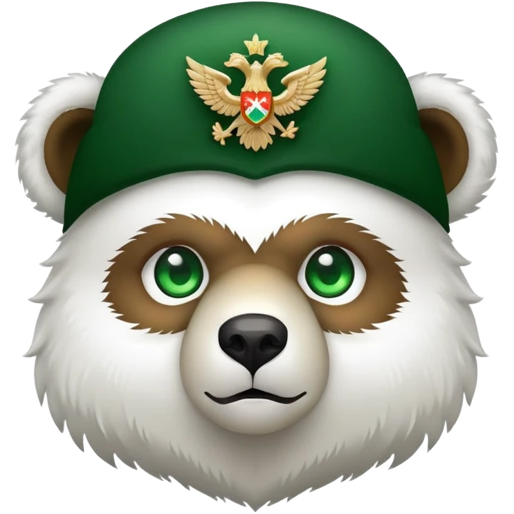 Adorable bear head with bright green eyes, white fluffy ushanka with clean simple Russian double-headed eagle emblem, minimalist iOS emoji style emoji