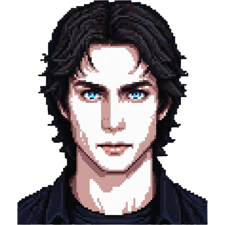Damon Salvatore as a vampire with dark hair, blue eyes, fangs, mischievous look emoji