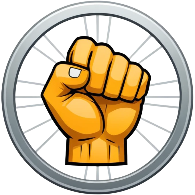Round emblem symbolizing martial arts with a bold fist facing forward in the center. The fist is surrounded by dynamic lines representing movement and power. The design conveys strength, focus, and precision, with a minimalist background emphasizing the combat spirit. Transparent background. emoji