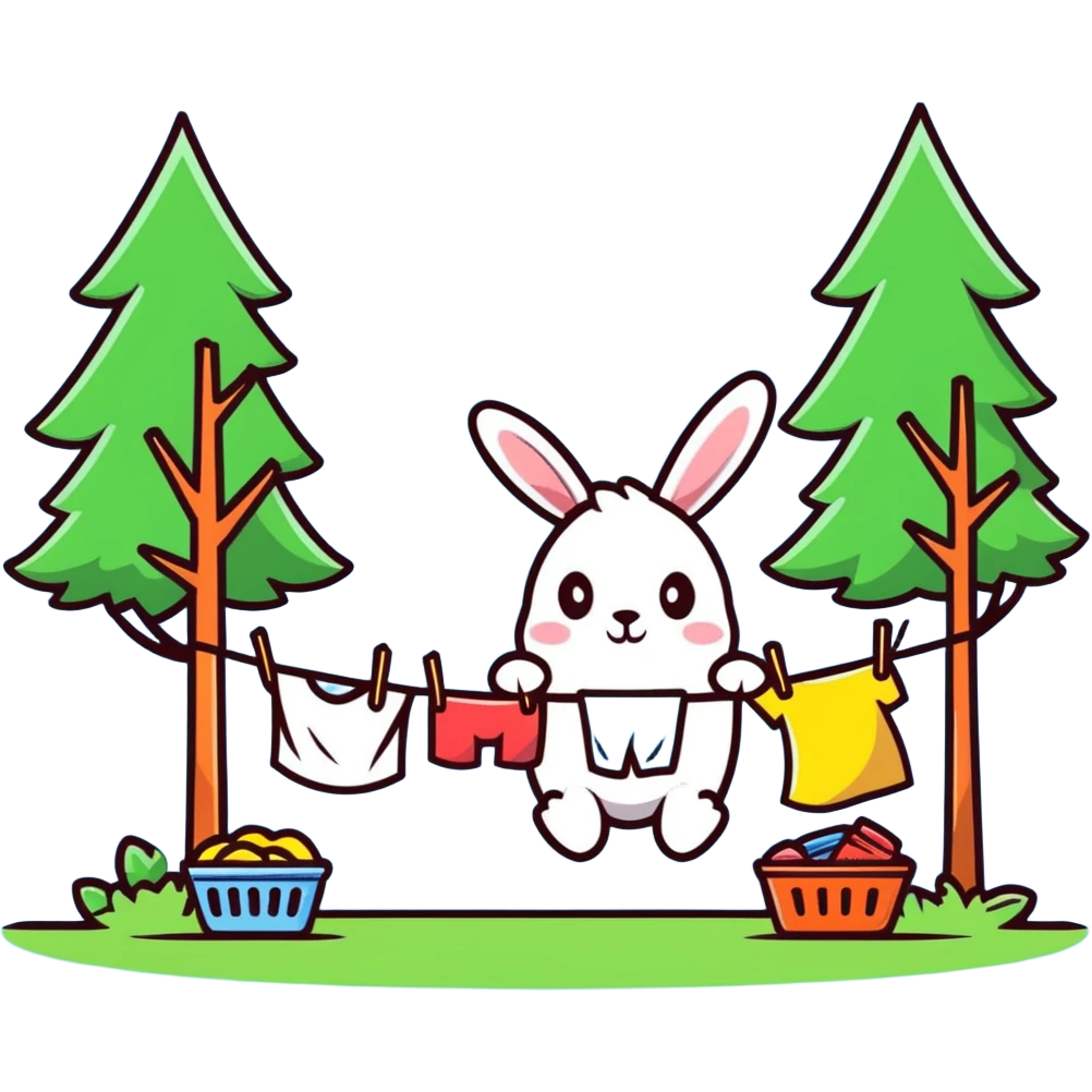 bunny hanging laundry between trees, calming domestic forest feel emoji