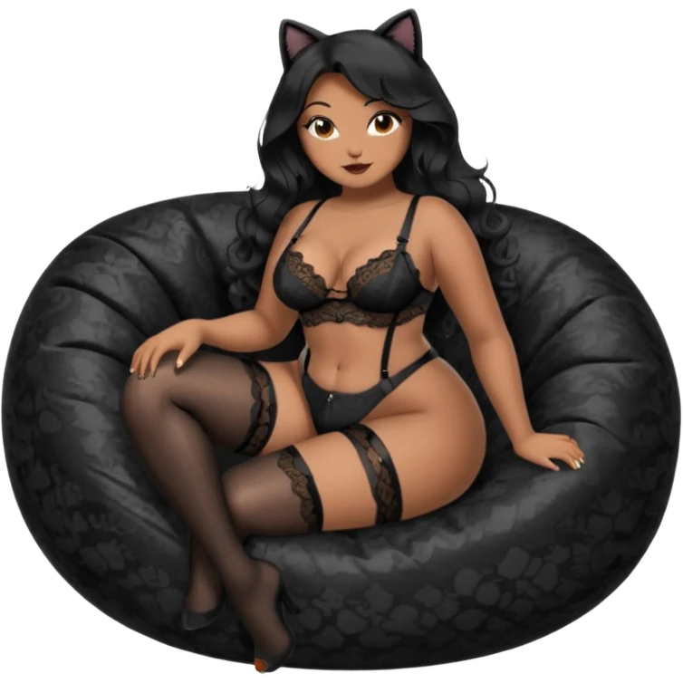 Curvy woman with brown skin with long wavy black hair, dark brown eyes. She's wearing a see through black lace cat suit, black lace thong, black stockings and suspender belt, she's sat on a big dark grey bean bag chair, she has her legs open emoji