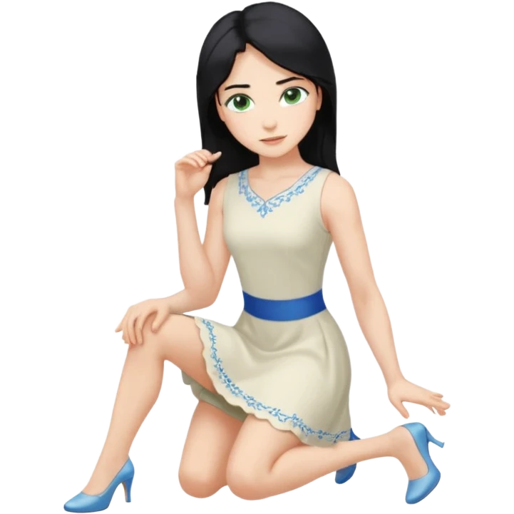 prince, upright, black Hair, blue eyes, garment,  woman, bending knee, white sleveless dress, blonde hair, green eyes, emoji