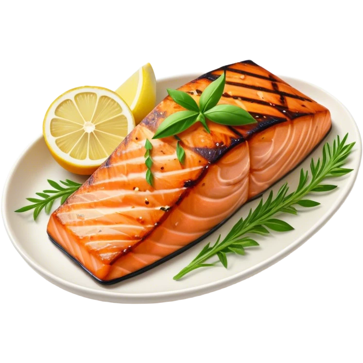 Cinematic perfectly grilled salmon, rich orange hues with crispy skin, garnished with fresh herbs, drizzled with lemon, ultra-detailed and delicious. emoji