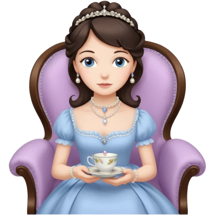 Blue-eyed brunette, wearing a Victorian style dress. She has a simple pearl necklace. Her dress is the palest lilac.  She is sitting gracefully in a chair, holding a teacup and saucer emoji