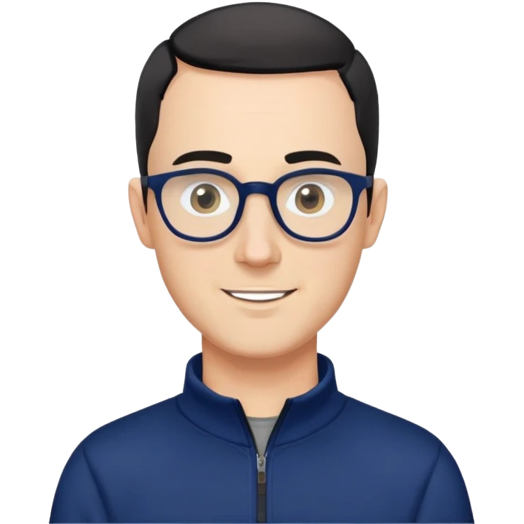 Caucasian man with very short black hair (close-cropped buzz cut), short beard with gray streaks, large black eyeglasses, cheerful expression, navy blue long sleeve sweatshirt with quarter zip emoji