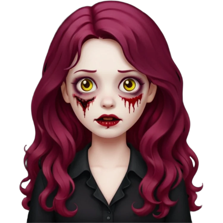 Faça me um emoji de um zumbi mulher de cabelos vermelho borgonha longos ondulado usando uma blusa preta, faça no estilo iphone emoji