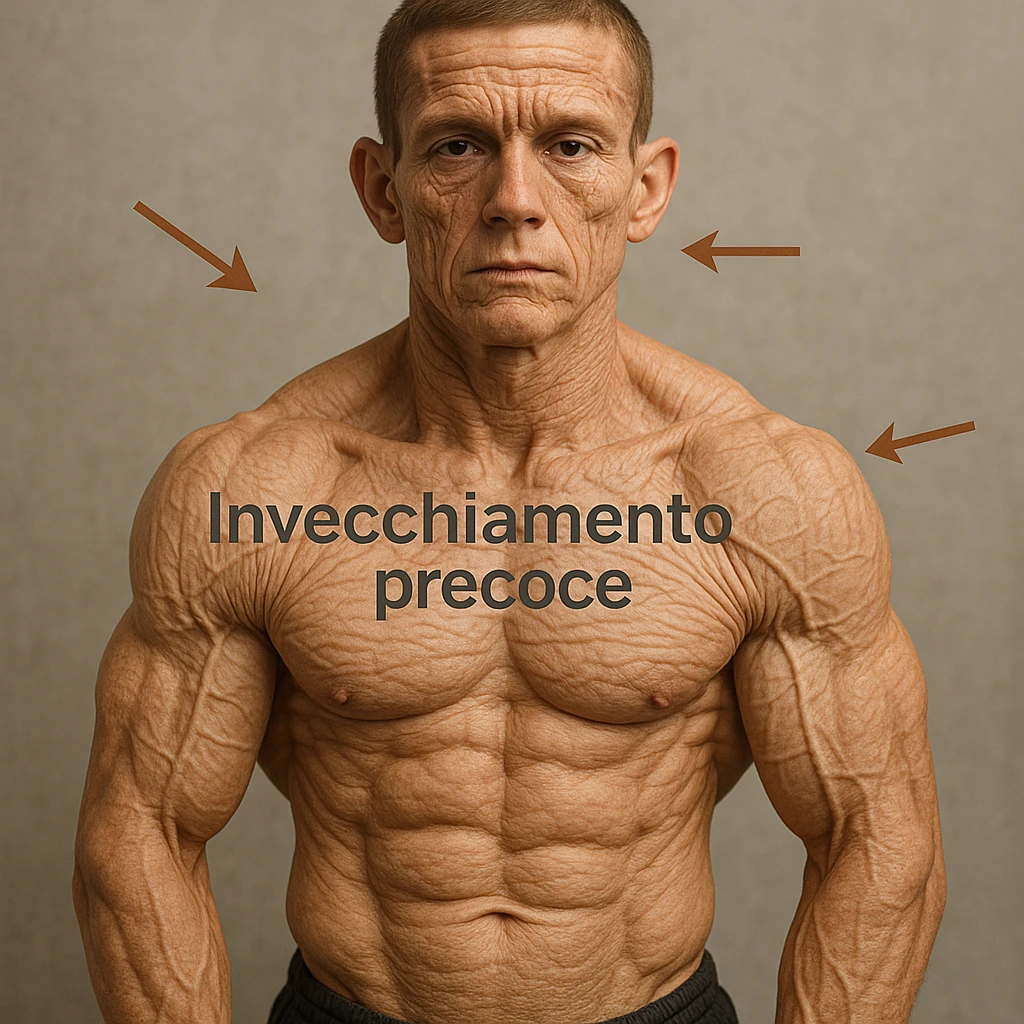 hyper realistic young bodybuilder prematurely aged due to collagen deficiency, well visible muscles, skin with marked wrinkles, arrows and text 'Invecchiamento precoce', neutral atmosphere emoji